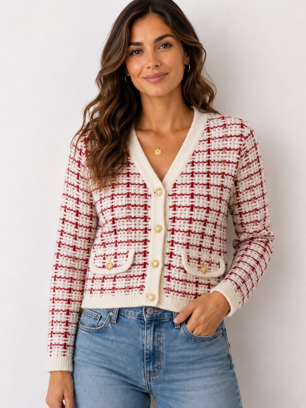 Marled tweed Cropped Cream Red Plaid Knit Cardigan Sweater size Medium office